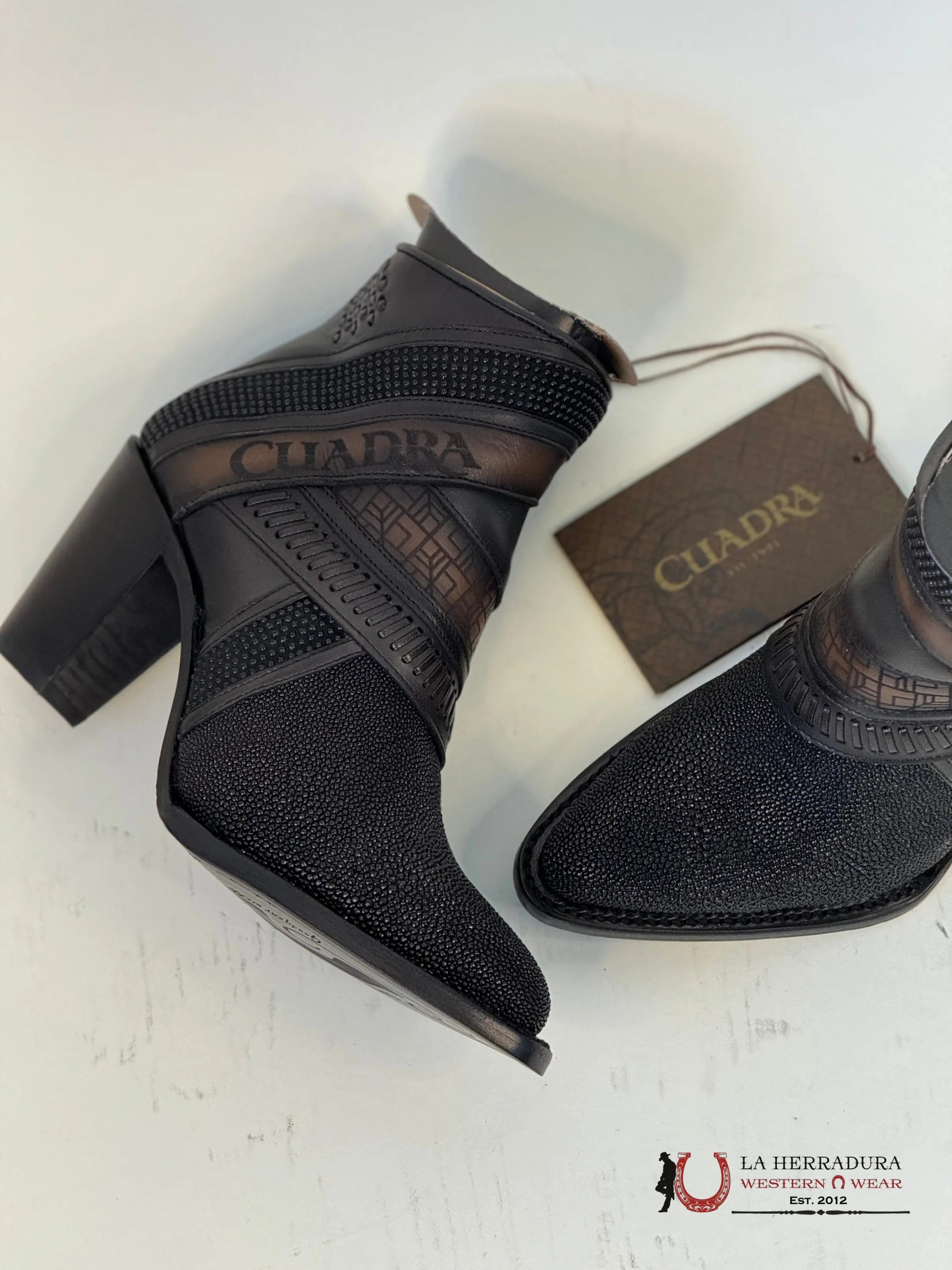 Womens Cuadra Black Stingray Laser Embroidery & Harness Short Boot Mantarraya Botines Botas Mujeres