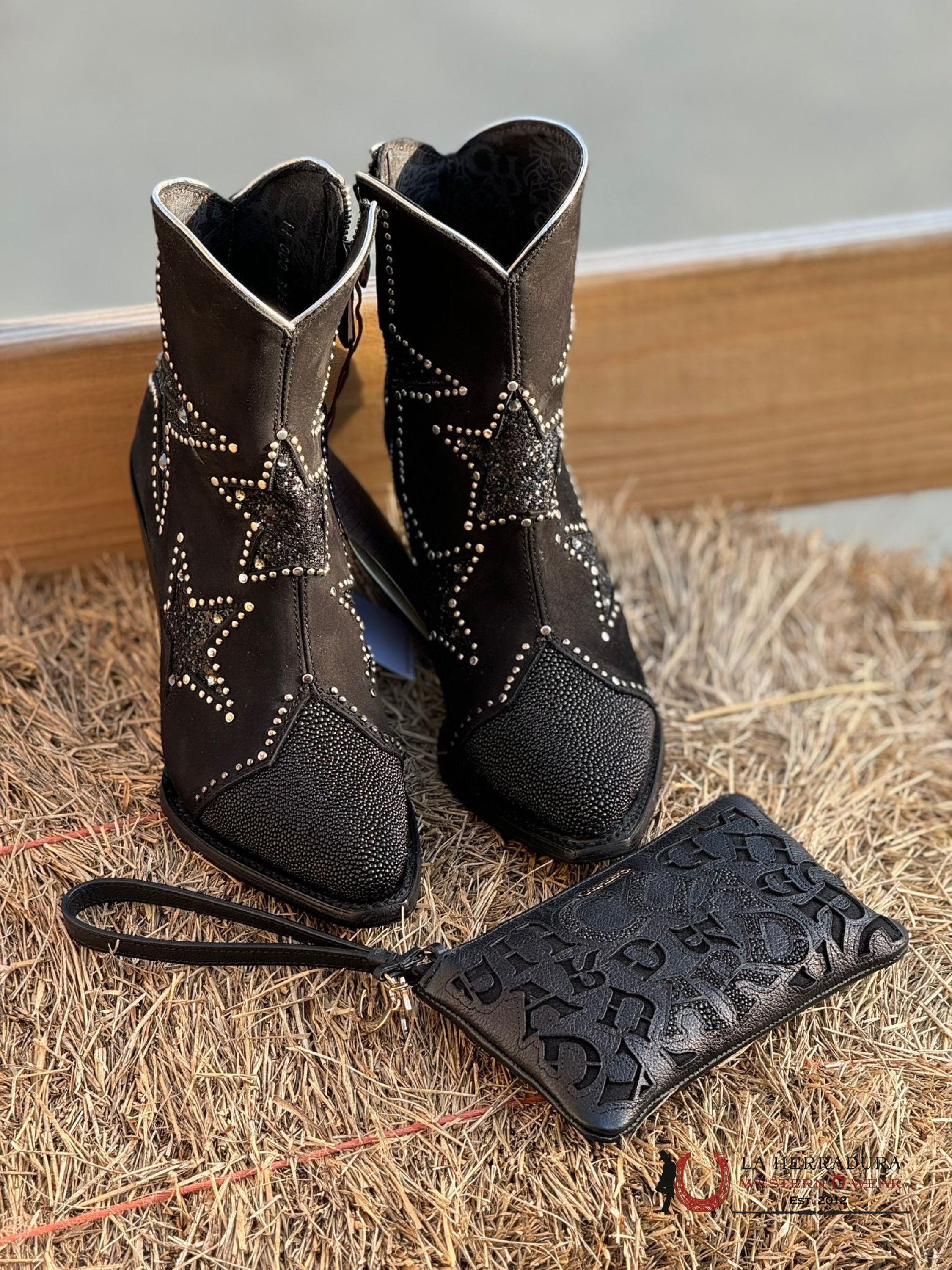 Womens Cuadra Botín Mantarraya Black Zipper & Studs Star Round Toe Botas Mujeres