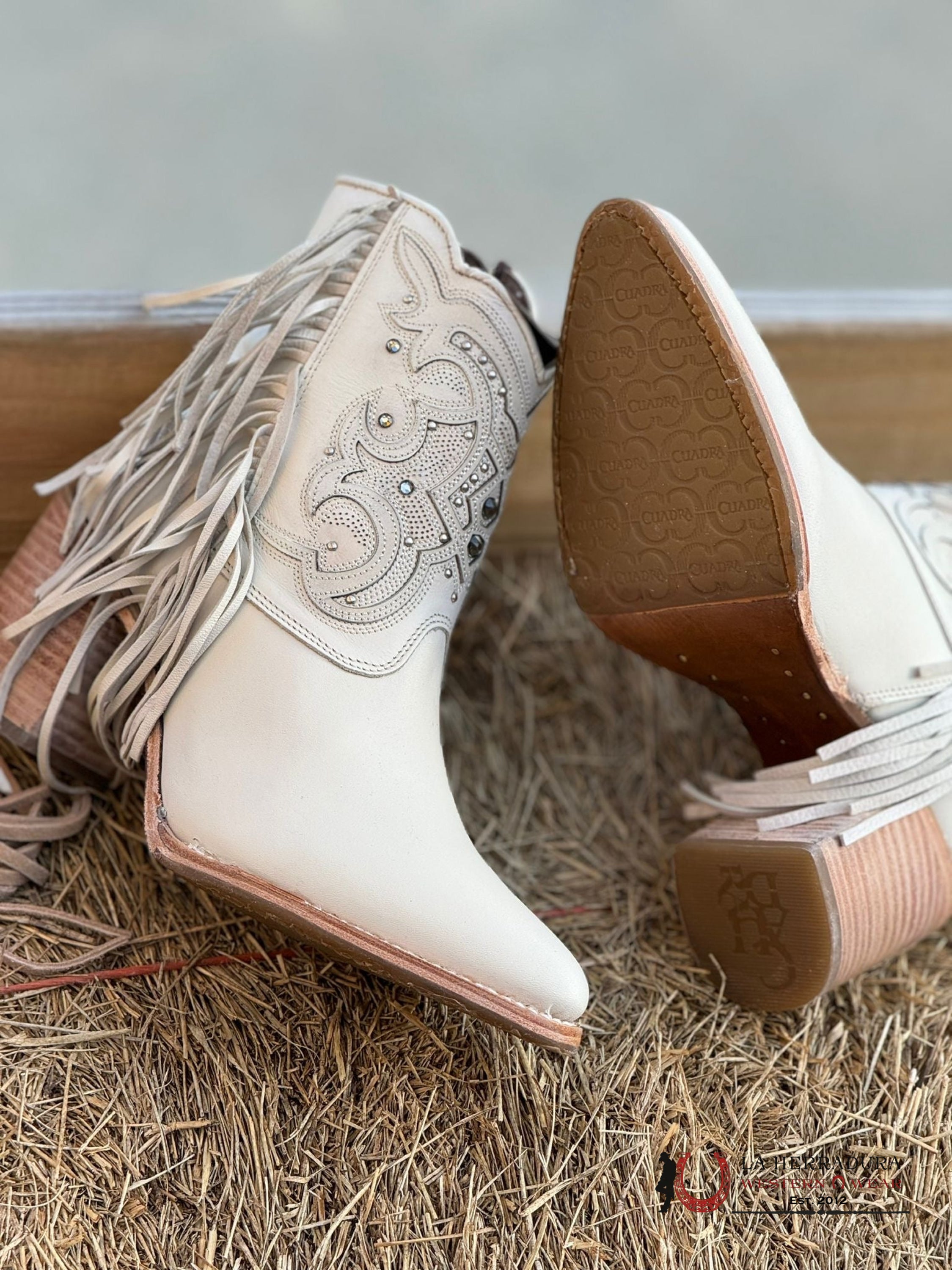 Womens Cuadra Botín Mikonos Late White Overlay & Studs Fringe Pointed Toe Botas Mujeres