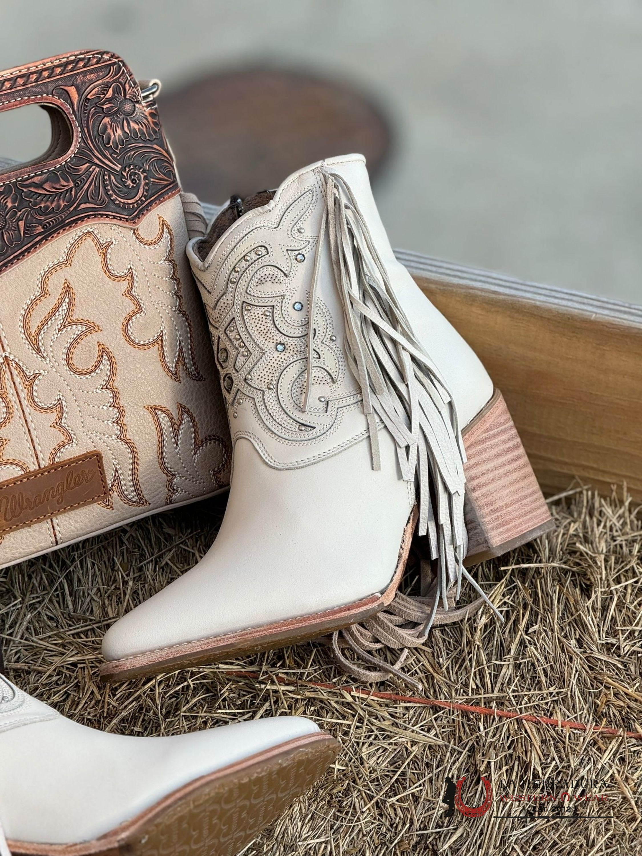 Womens Cuadra Botín Mikonos Late White Overlay & Studs Fringe Pointed Toe Botas Mujeres