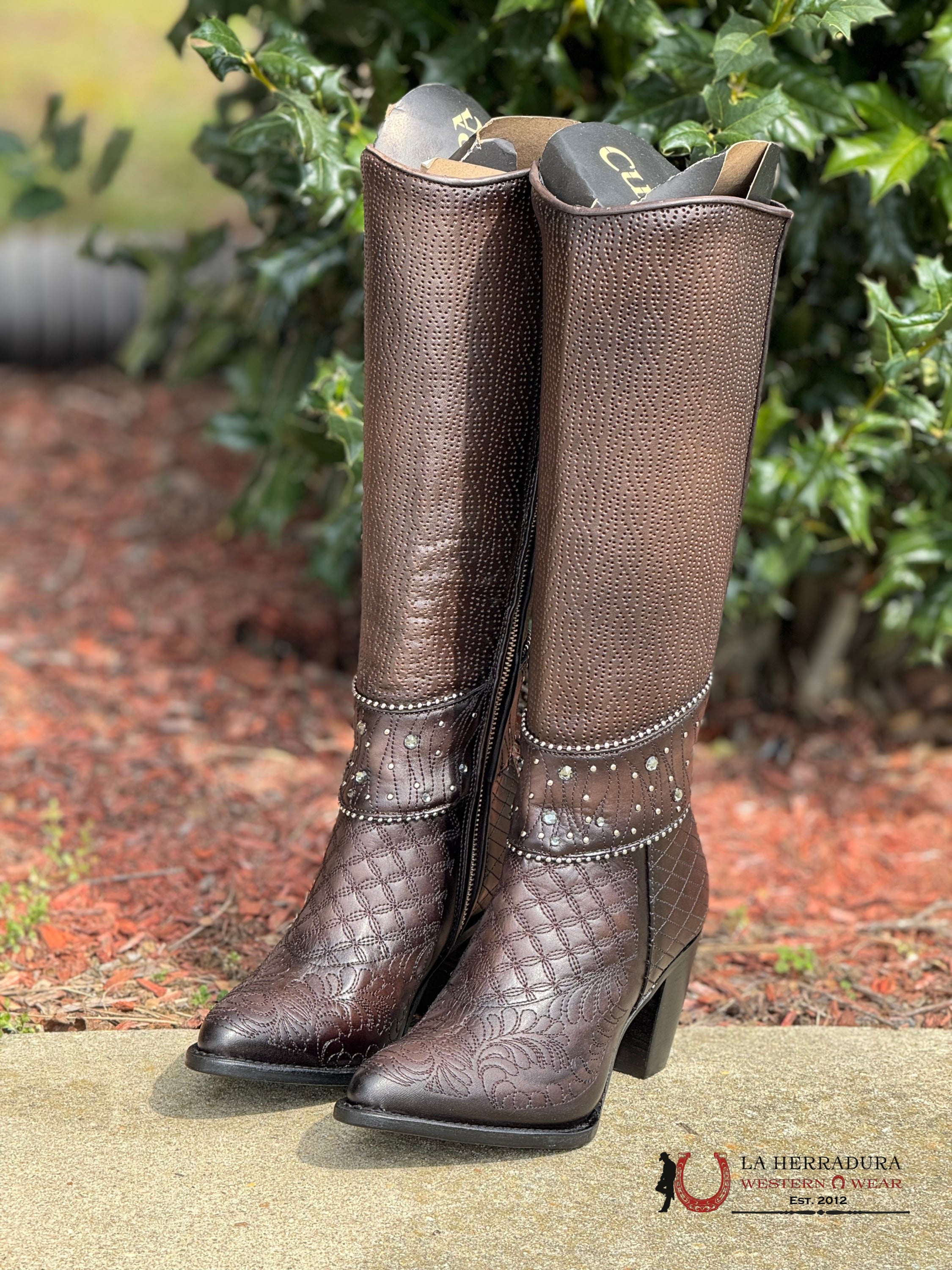 Womens Cuadra De Res Negro Cafe Embroidery Round Toe Botas Mujeres