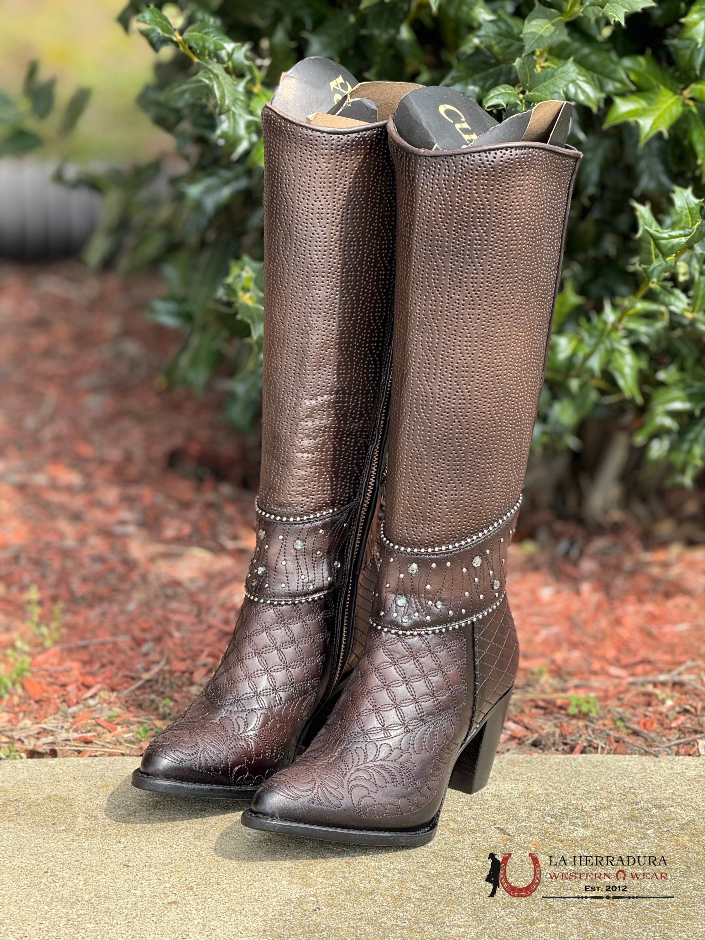 Womens Cuadra De Res Negro Cafe Embroidery Round Toe Botas Mujeres