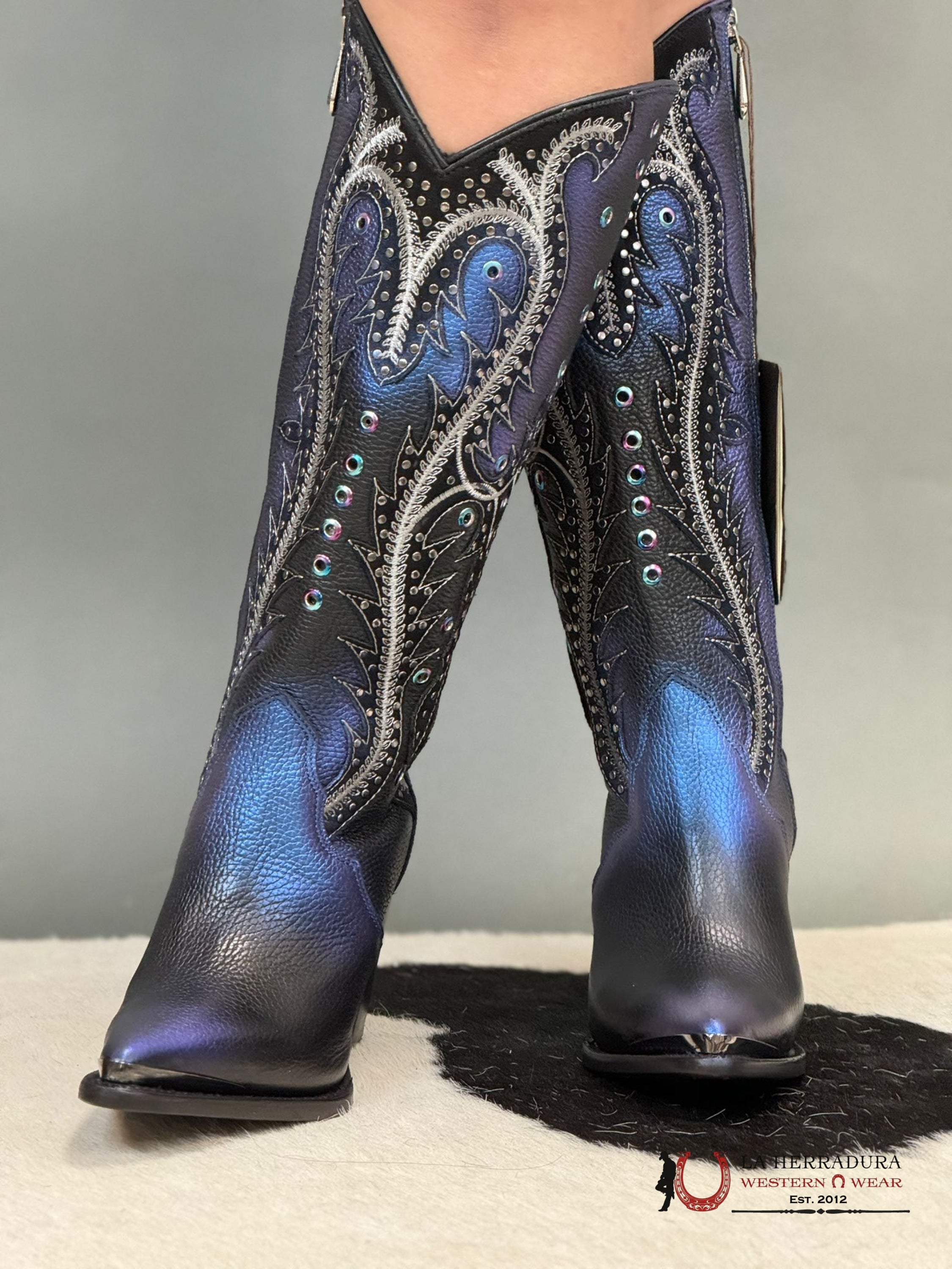 Womens Cuadra De Res Santana Sapphire Negro Pointed Toe Botas Mujeres