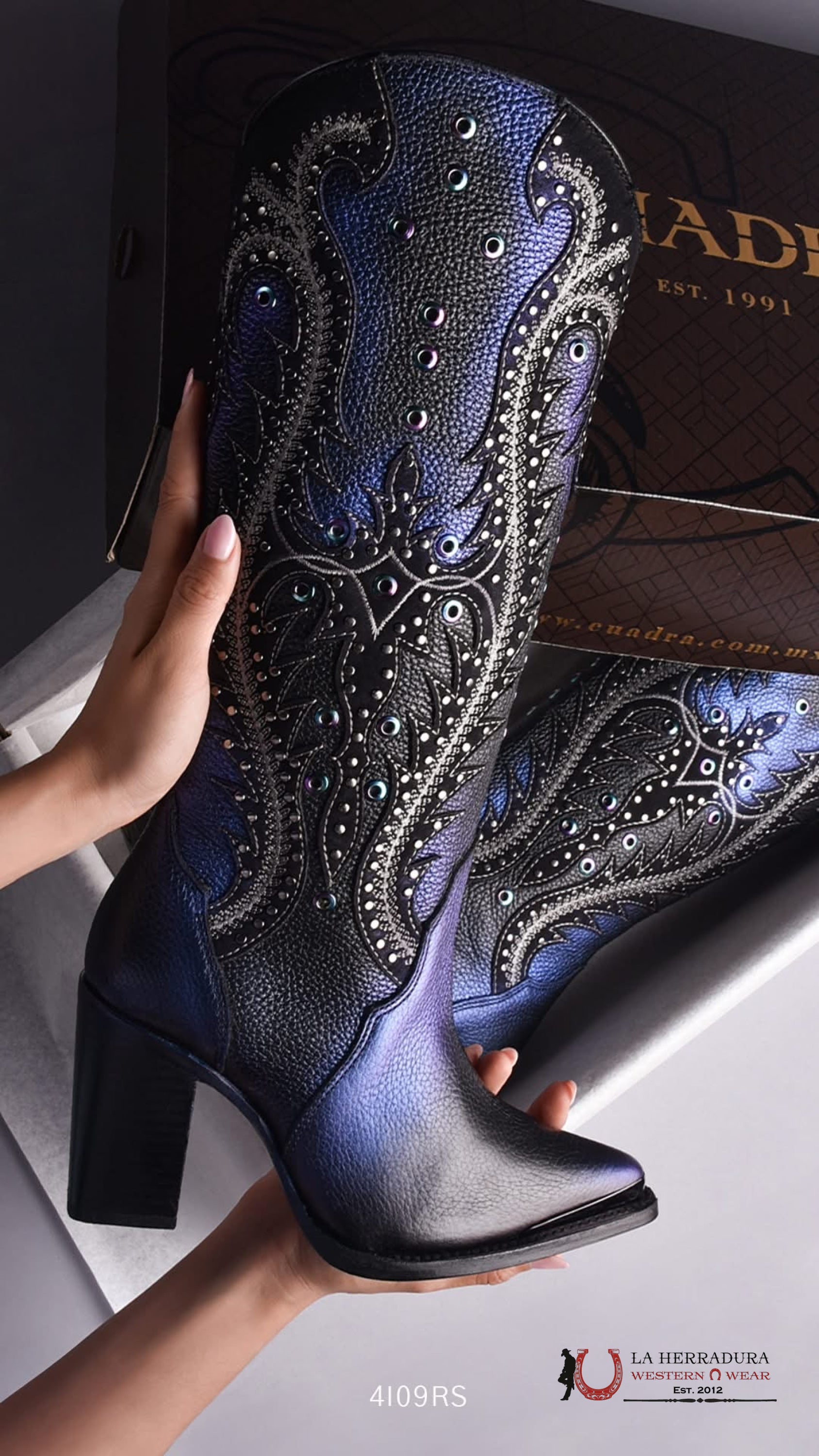 Womens Cuadra De Res Santana Sapphire Negro Pointed Toe Botas Mujeres