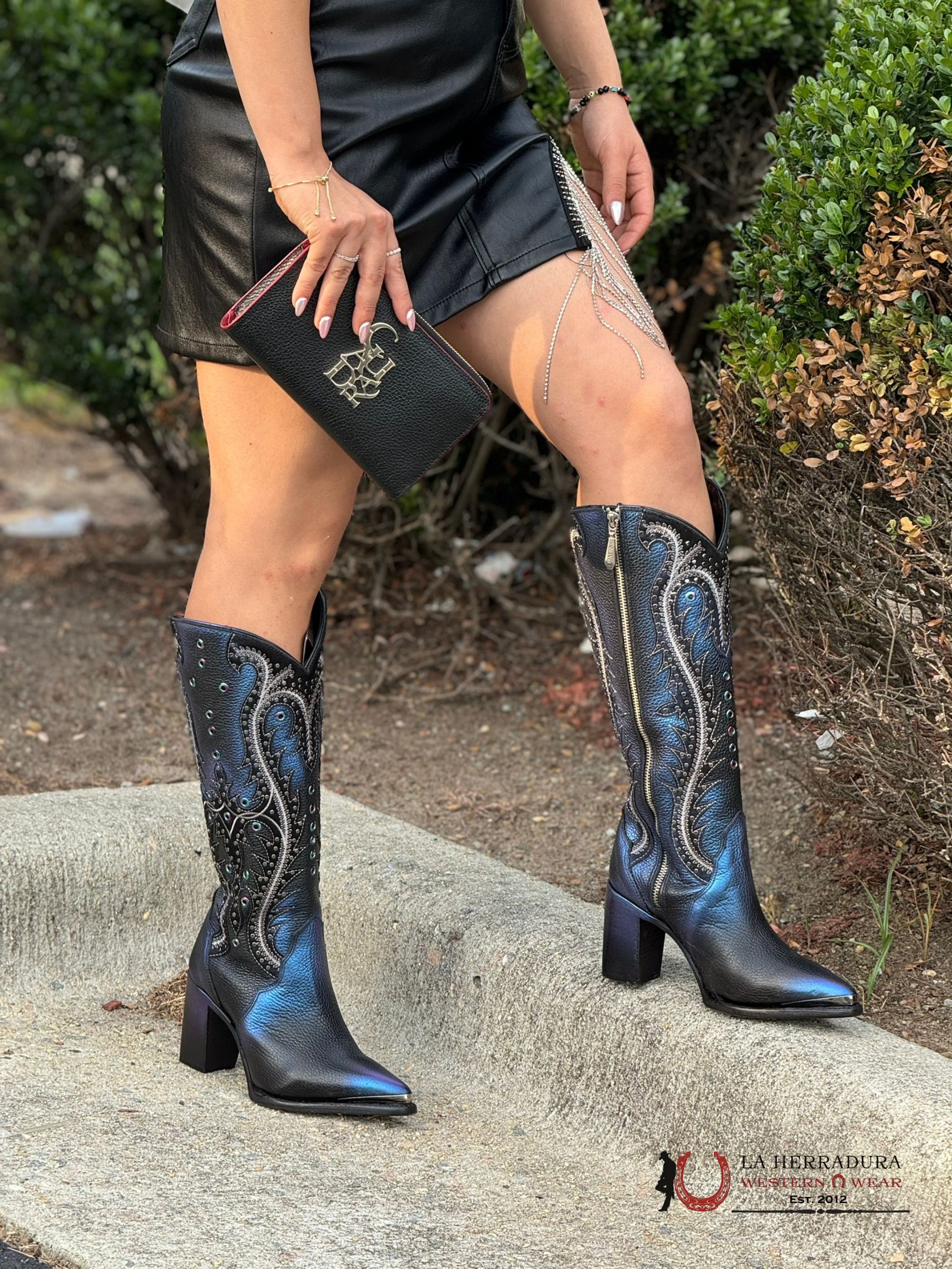 Womens Cuadra De Res Santana Sapphire Negro Pointed Toe Botas Mujeres