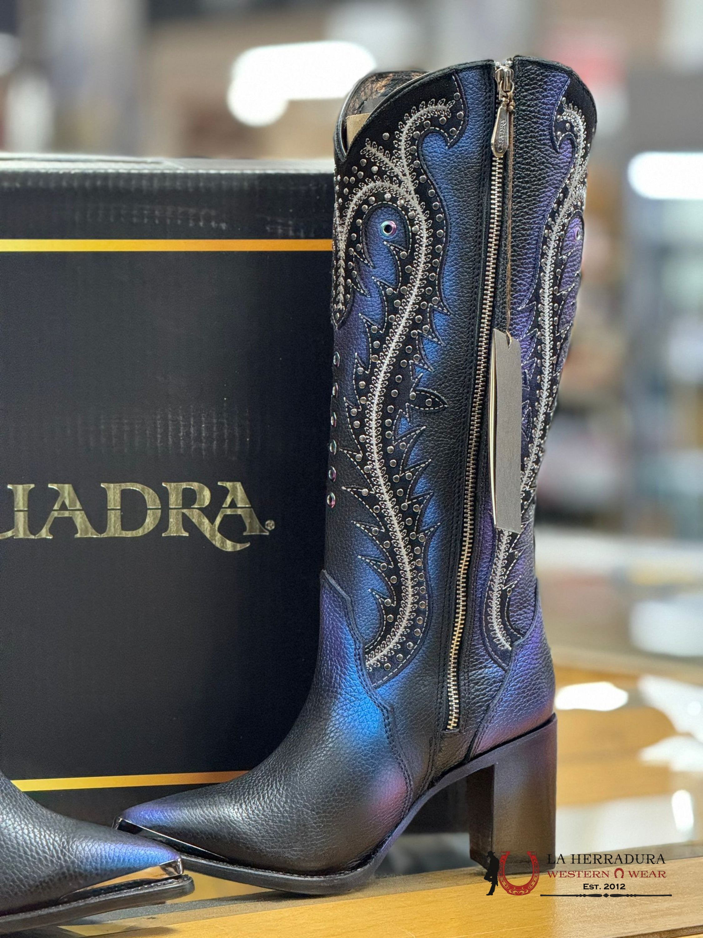 Womens Cuadra De Res Santana Sapphire Negro Pointed Toe Botas Mujeres