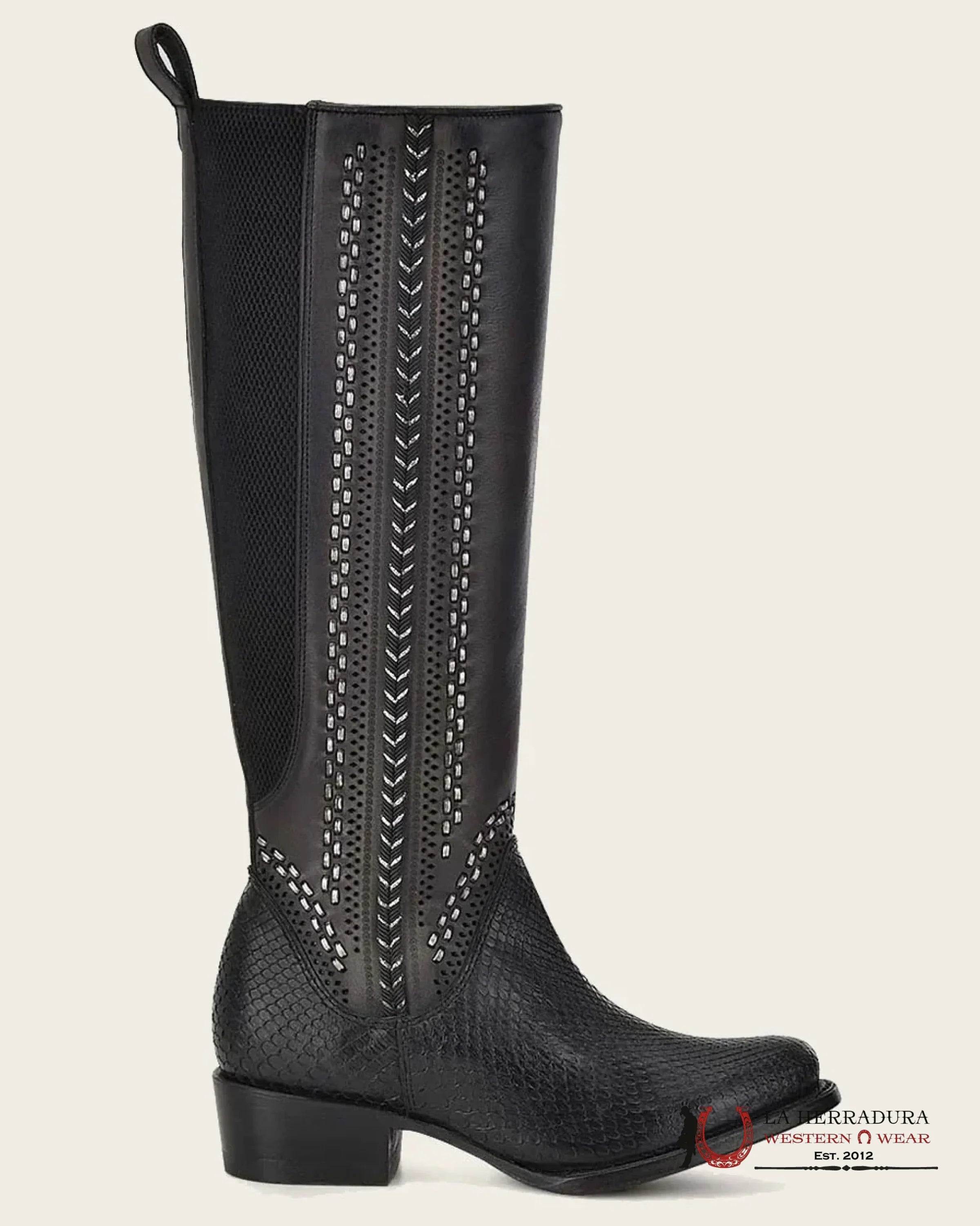 WOMENS CUADRA PYTHON PLUNGE BLACK TALL ZIPPER BOOT ROUND TOE