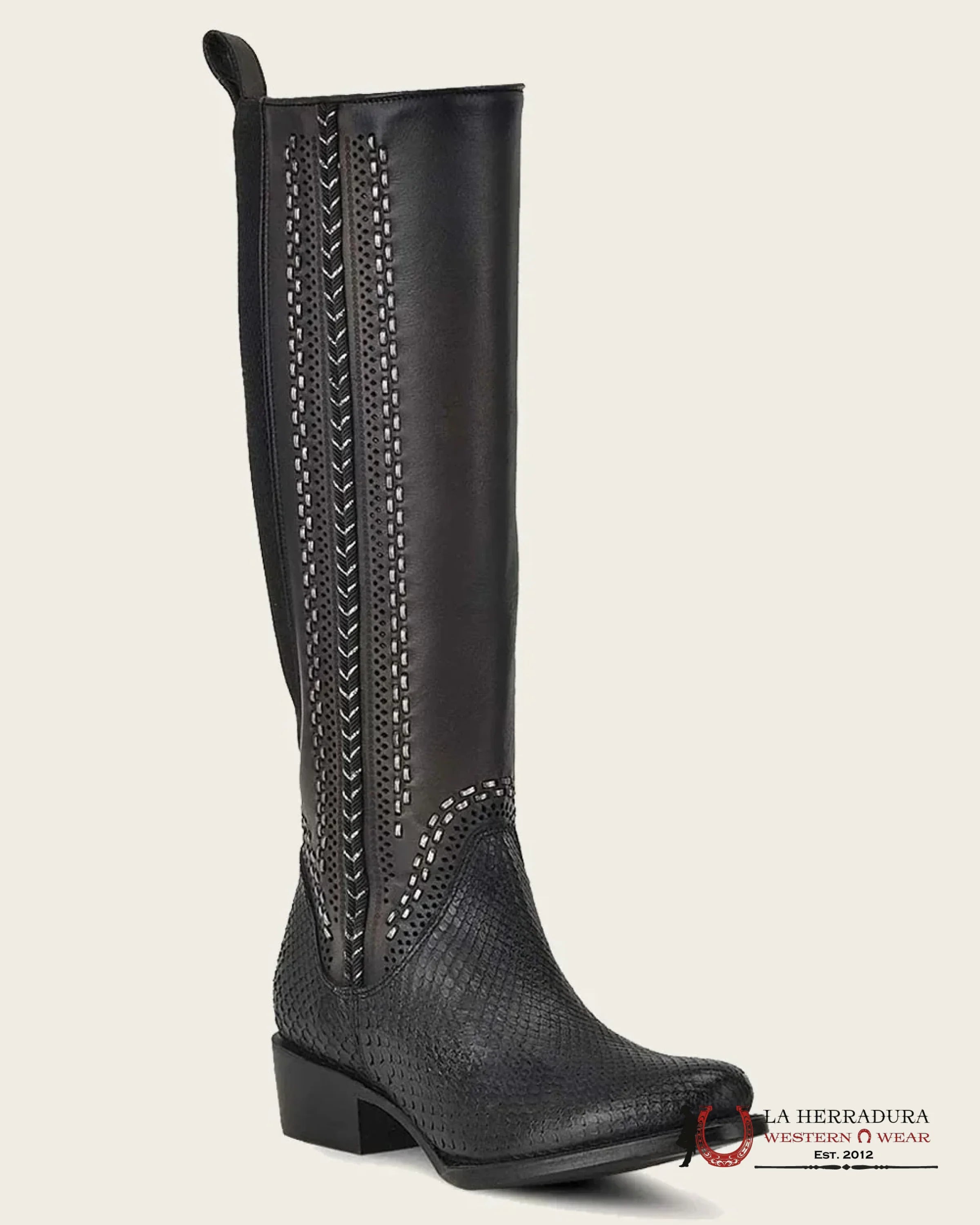 WOMENS CUADRA PYTHON PLUNGE BLACK ZIPPER & WOVEN TALL BOOT ROUND TOE BOTAS MUJERES