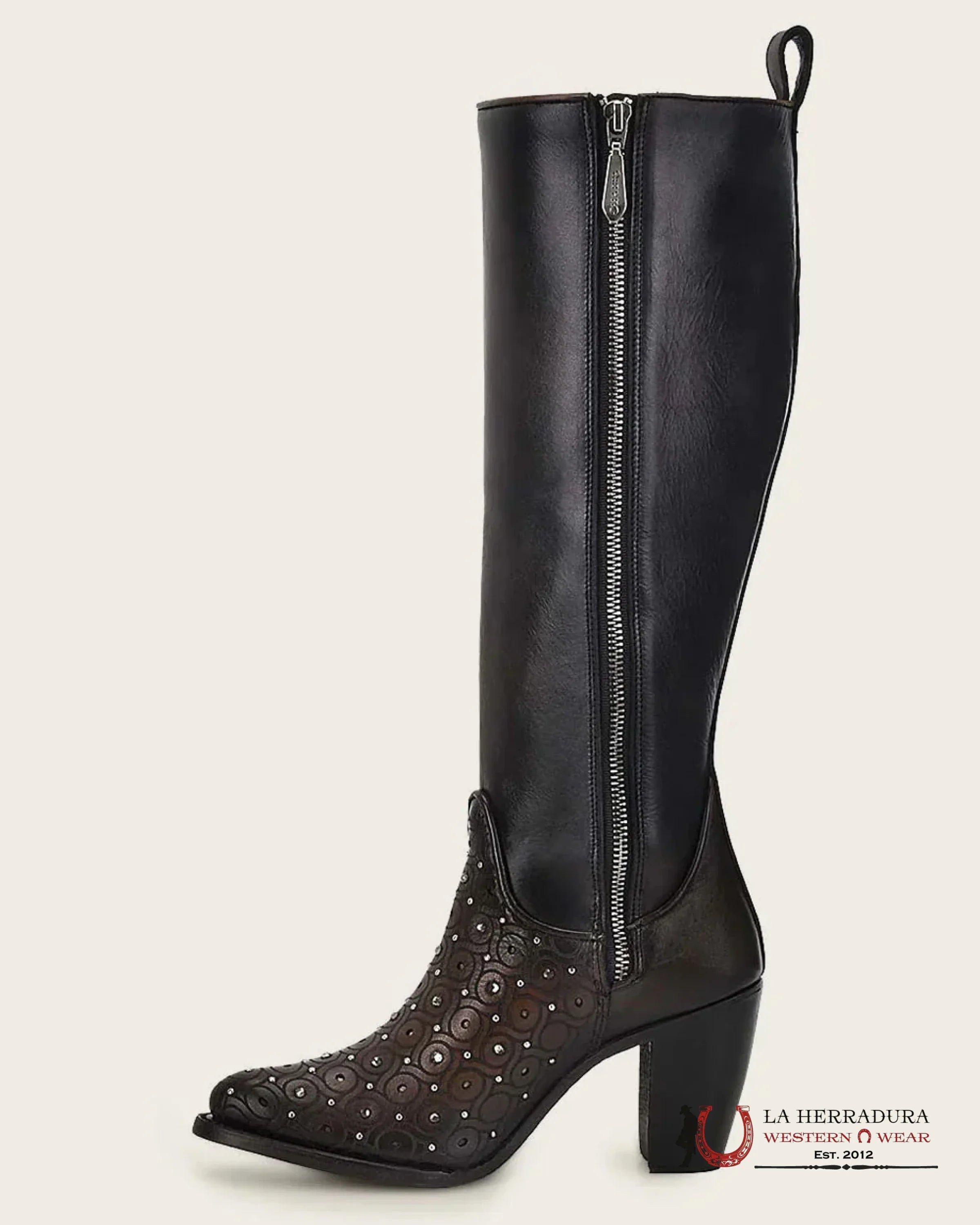 WOMENS CUADRA RES CRUST MAPLE ZIPPER & STUDS & LASER ROUND TOE TALL BOOT CU759 BOTAS MUJERES