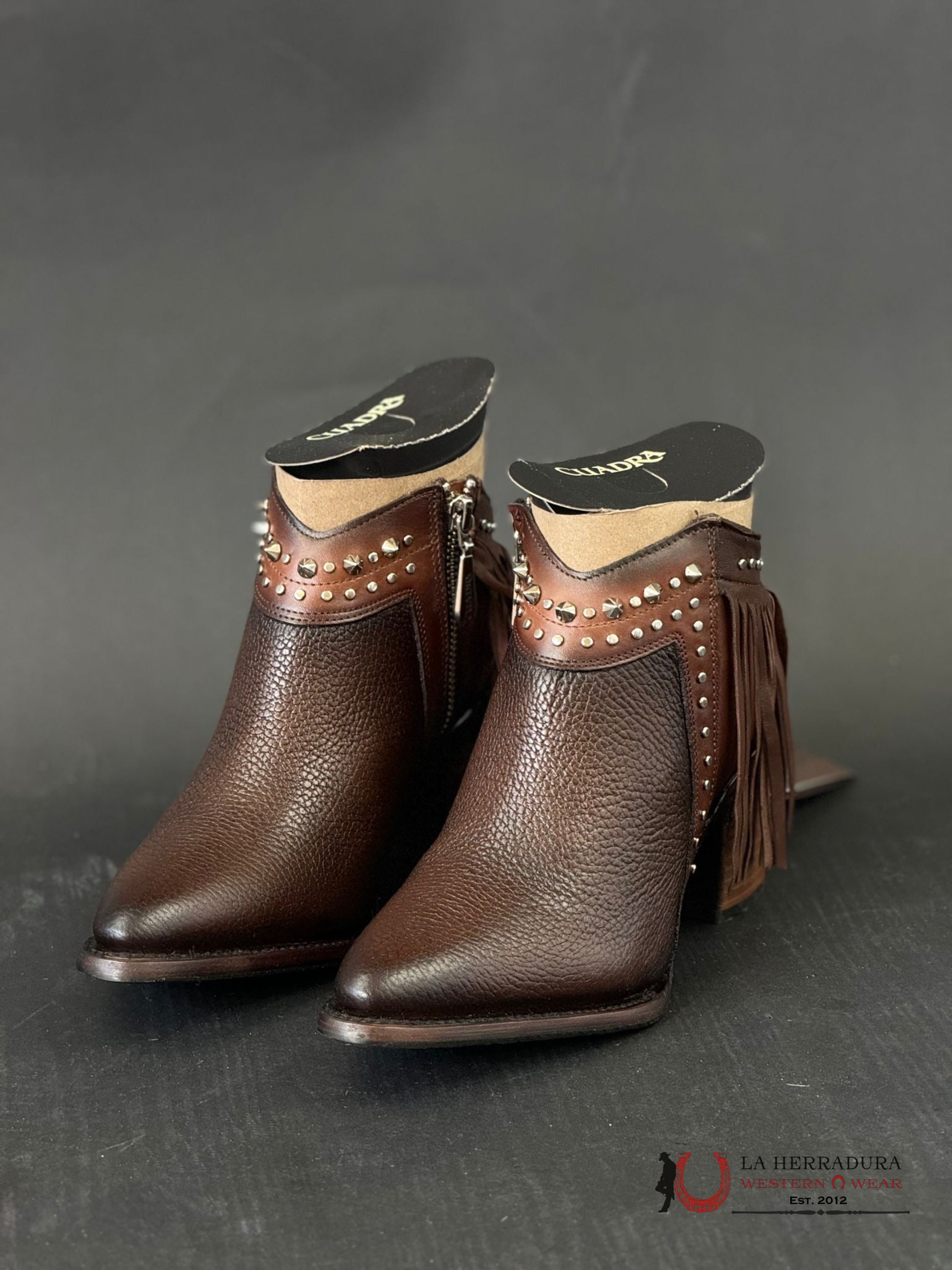 Women’s Cuadra Short Boot Res Chocolate Zipper Studs & Fringe Pointed Toe Botas Mujeres