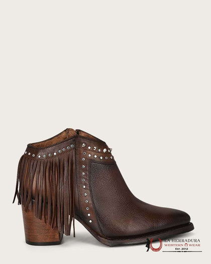 BOTA CORTA CUADRA PARA MUJER CU813 CHOCOLATE CON CIERRE Y FLECOS PUNTA PICUDA
