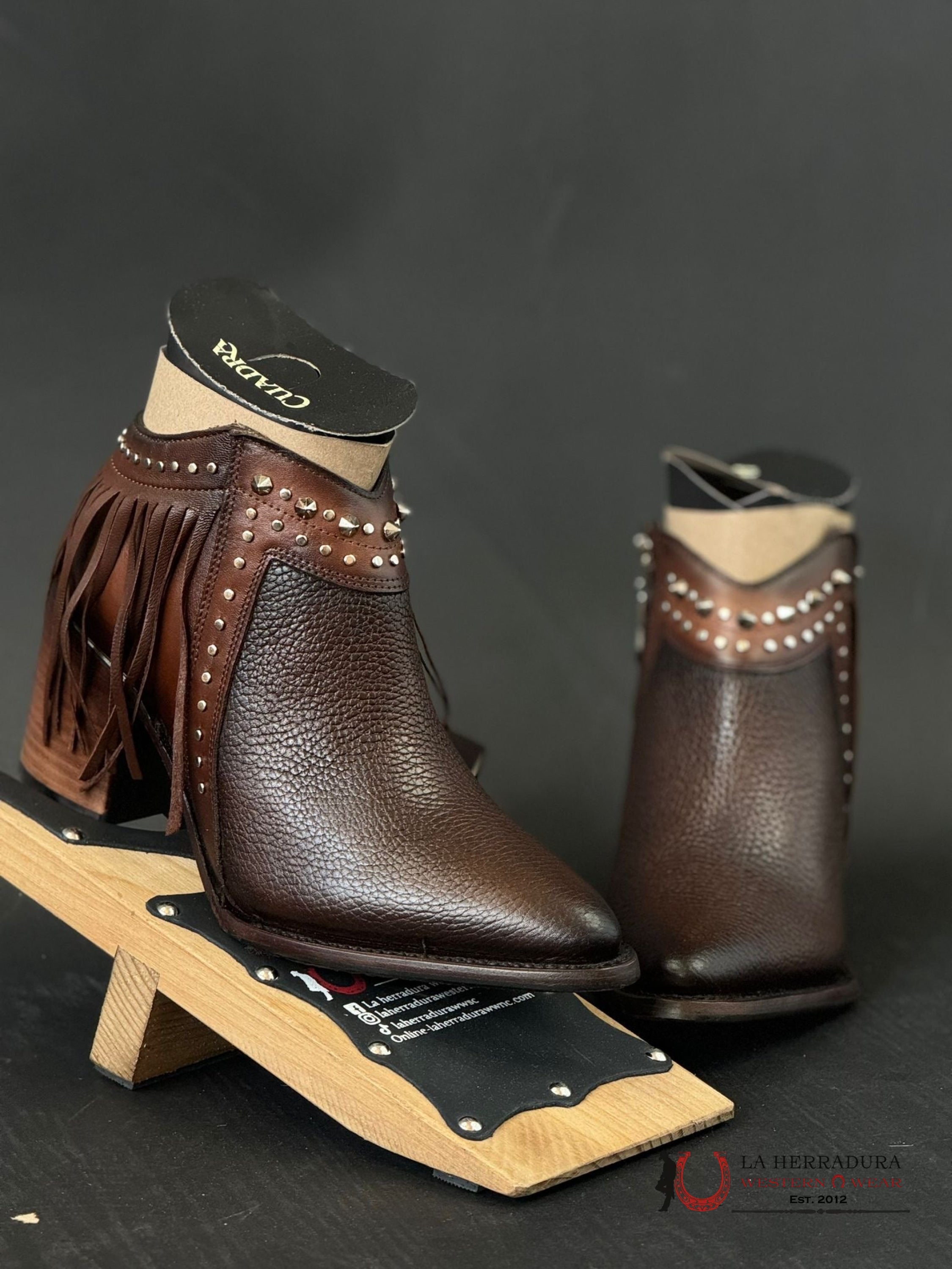 Women’s Cuadra Short Boot Res Chocolate Zipper Studs & Fringe Pointed Toe Botas Mujeres