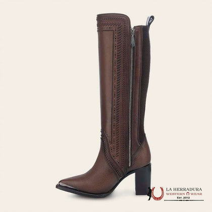 BOTA ALTA CUADRA PARA MUJER CAFÉ LÁSER Y CREMALLERA PUNTA FINA CU871