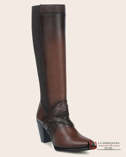 BOTA ALTA CUADRA PARA DAMA PIEL RES CRUST MIEL LÁSER PUNTA REDONDA CU868