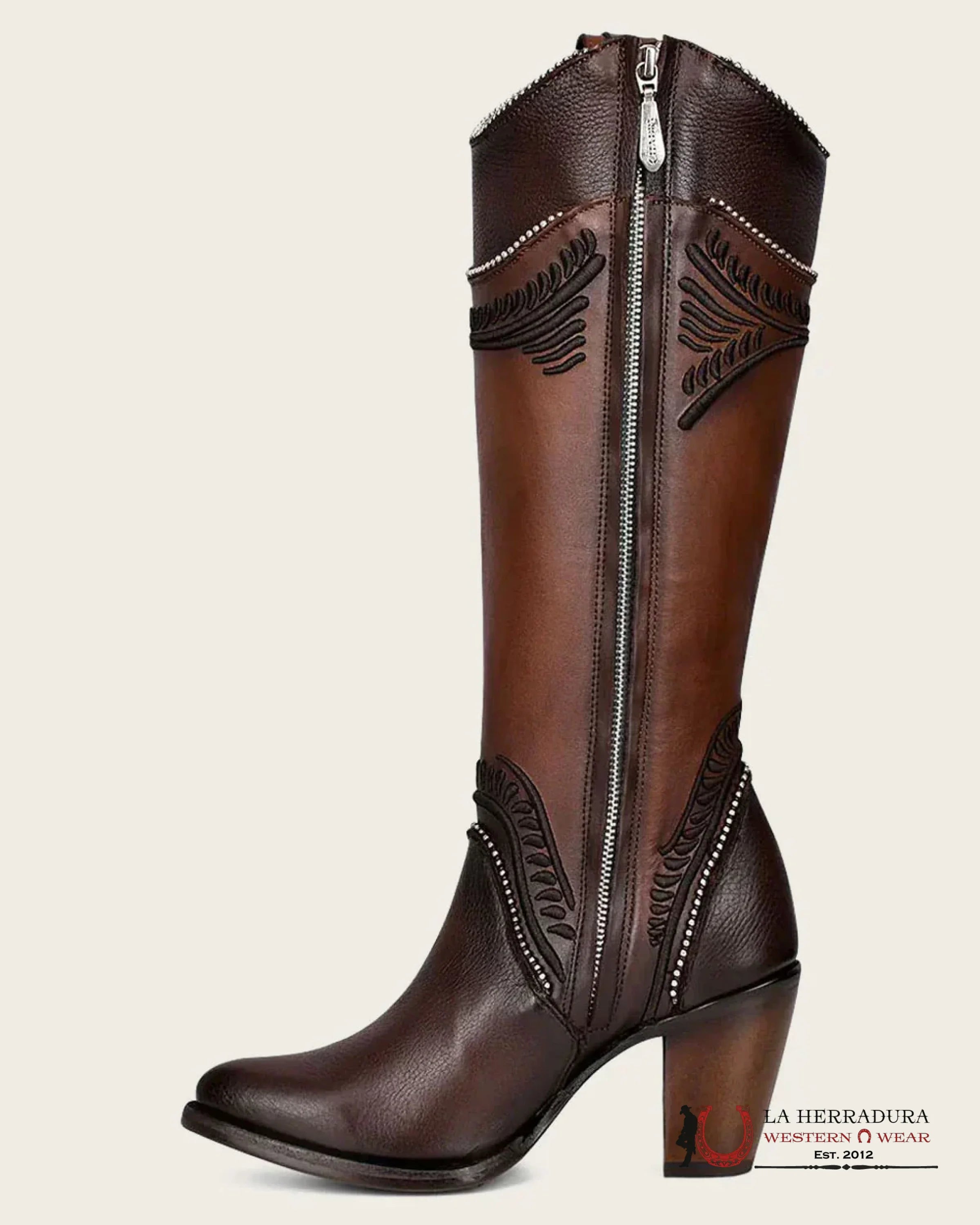 WOMEN’S CUADRA TALL BOOT RES DAMASCO CHOCOLATE EMBROIDERY ROUND TOE CU583 BOTAS MUJERES