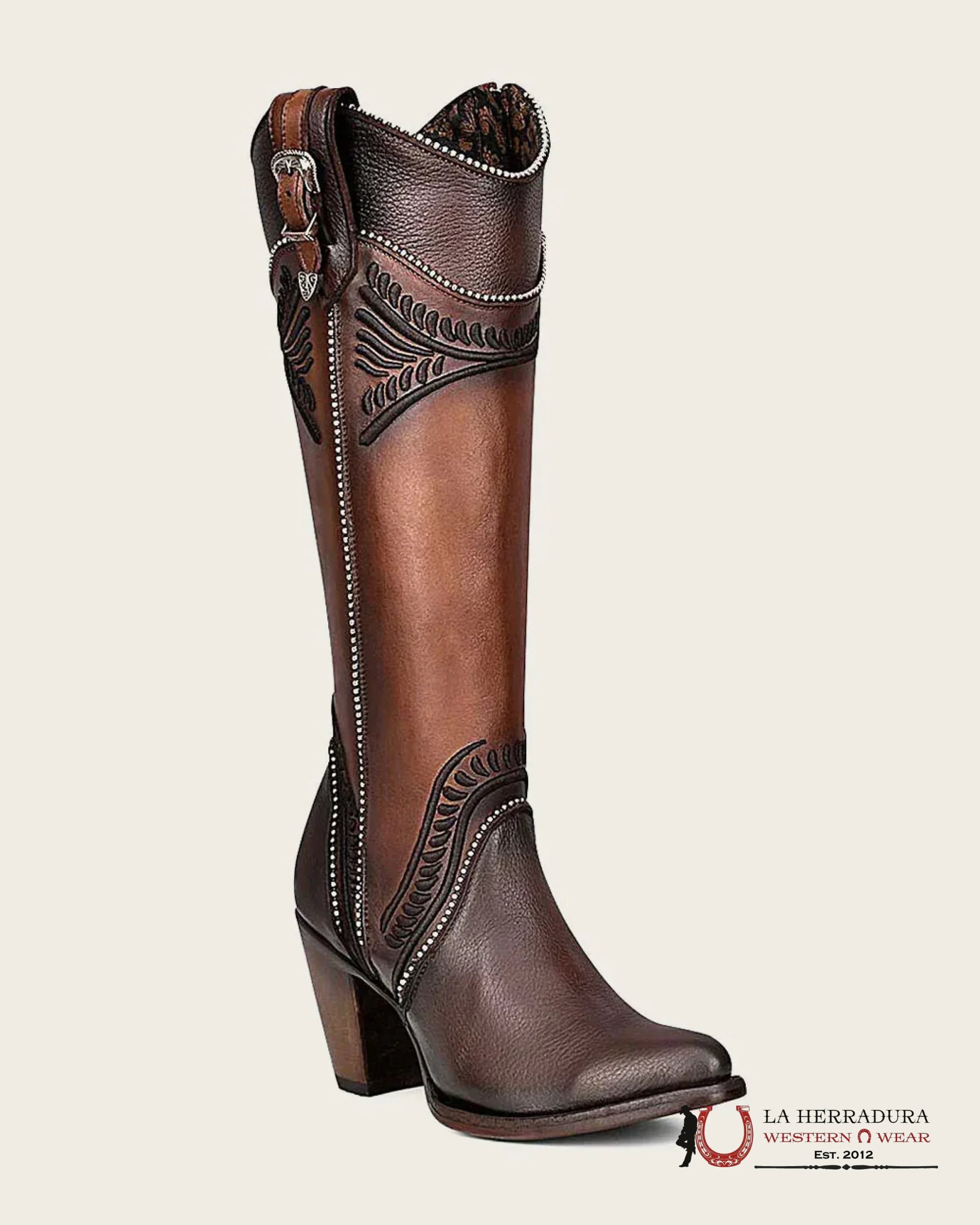 WOMEN’S CUADRA TALL BOOT RES DAMASCO CHOCOLATE EMBROIDERY ROUND TOE CU583 BOTAS MUJERES