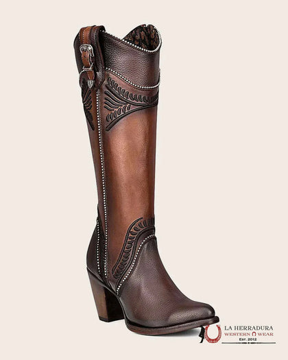 BOTAS ALTAS PARA DAMA CUADRA CU583 CUERO DAMASCO BORDADO PUNTA REDONDA