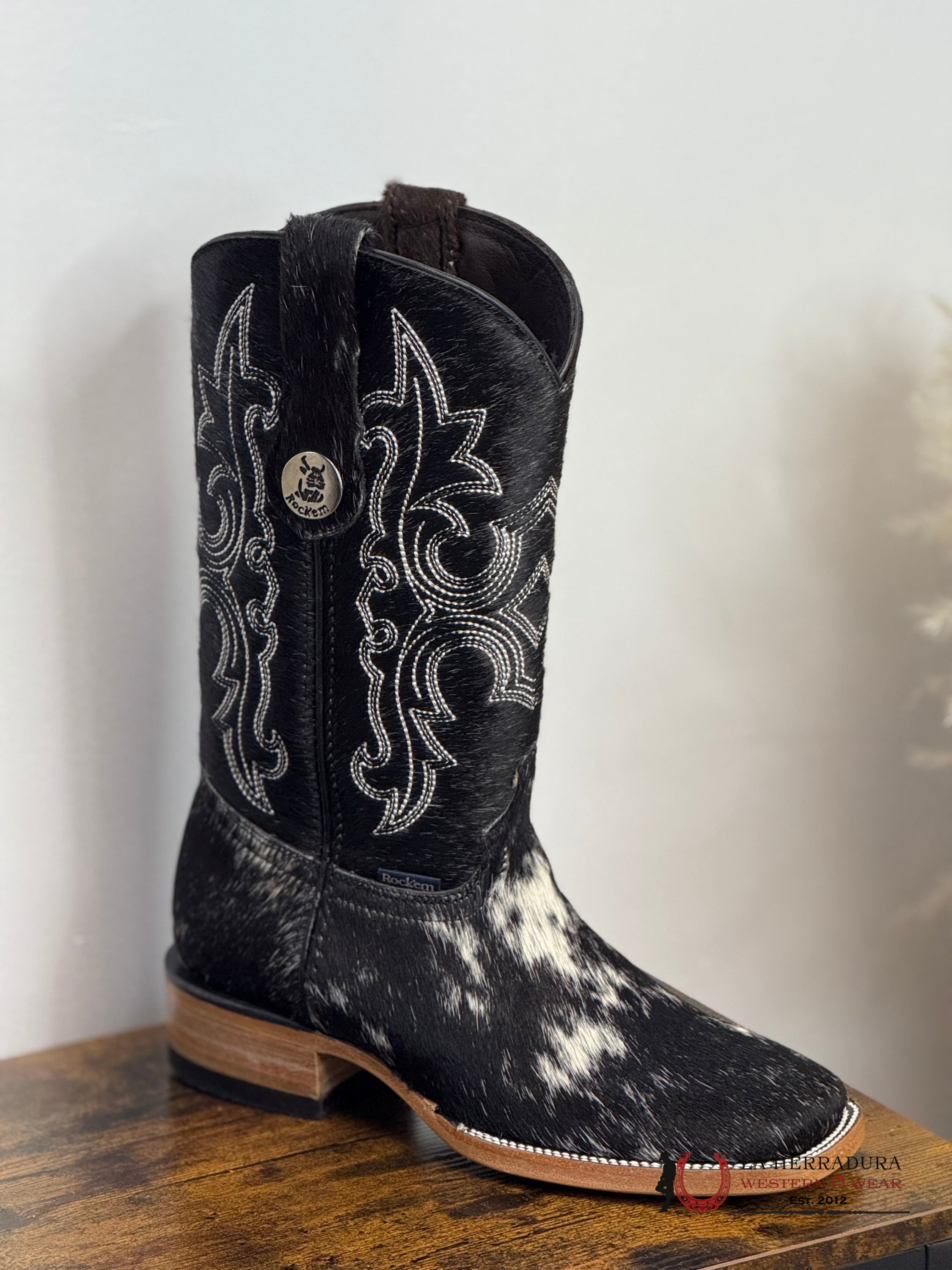 WOMENS KATHERINE BLACK & WHITE COWHIDE TOP BOOT (EVERY PAIR IS UNIQUE)