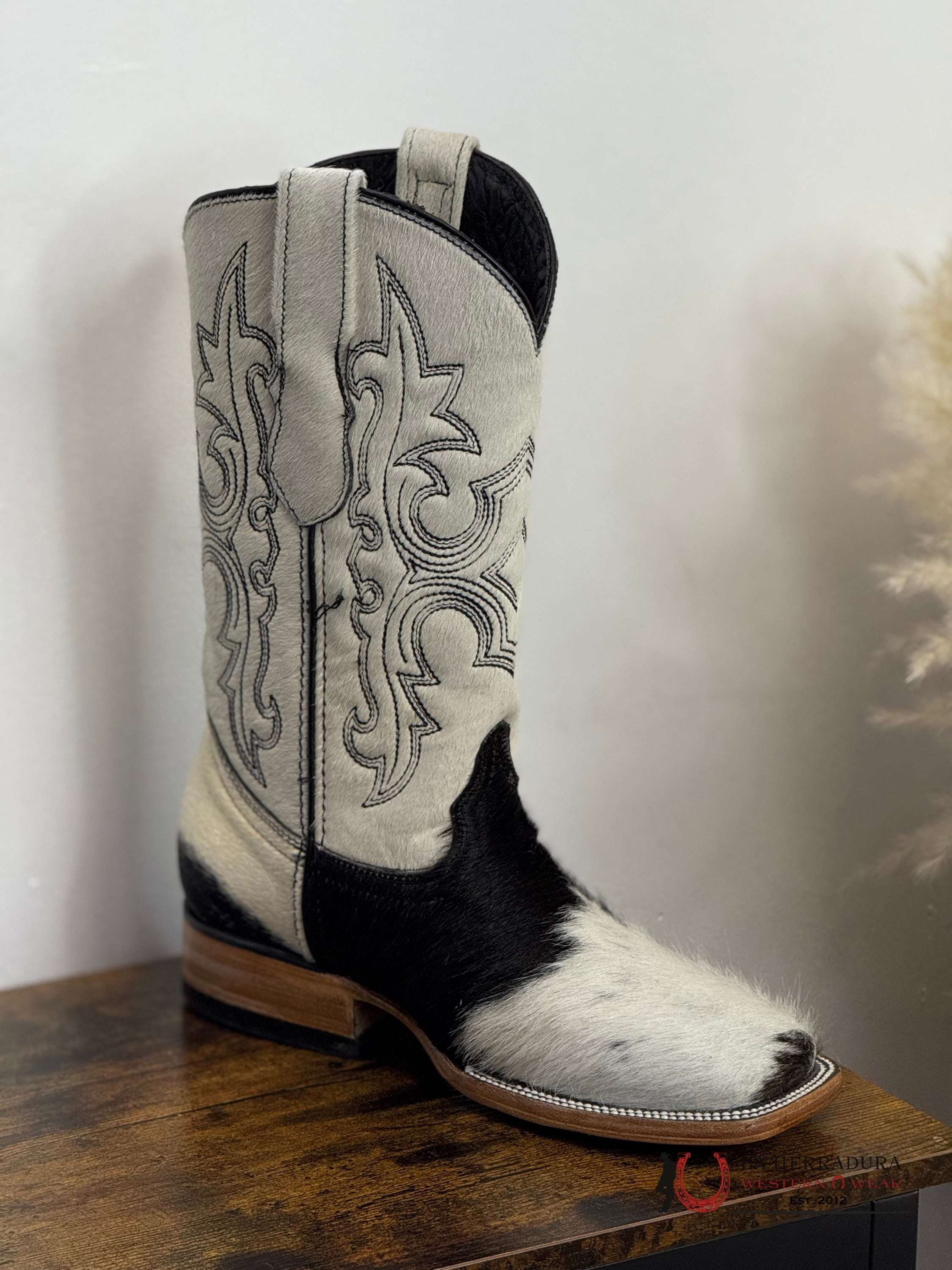 WOMENS KATHERINE BLACK & WHITE COWHIDE TOP BOOT (EVERY PAIR IS UNIQUE)
