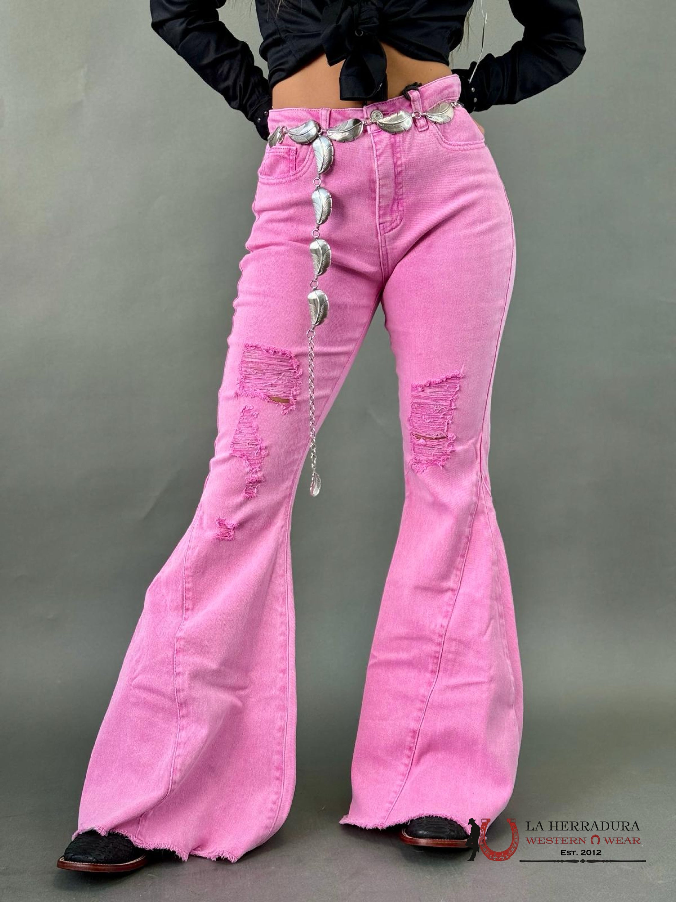 Women’s Lucky & Blessed Pink Bell Bottoms Rock&Roll Jeans Women