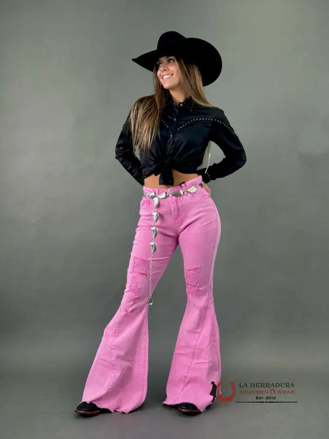 Women’s Lucky & Blessed Pink Bell Bottoms Rock&Roll Jeans Women