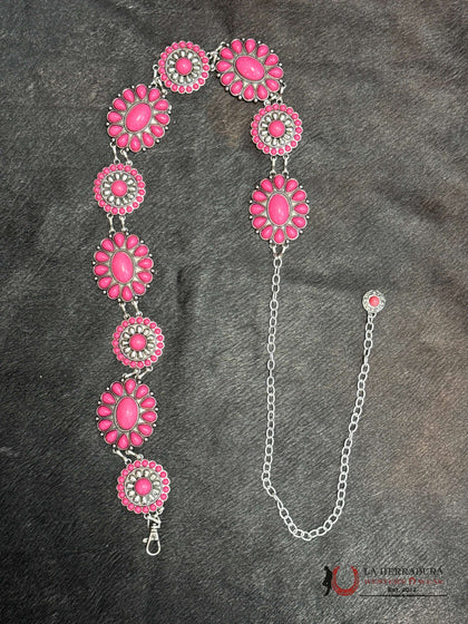 WOMEN PINK STONE CONCHO CHAIN BELT WITH FLOWER DESIGN