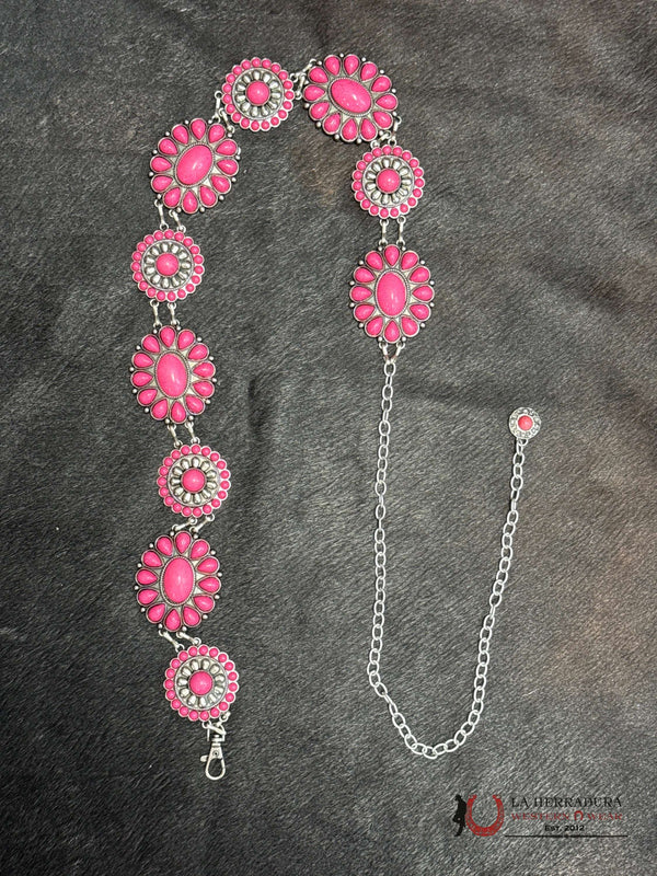 WOMEN PINK STONE CONCHO CHAIN BELT WITH FLOWER DESIGN