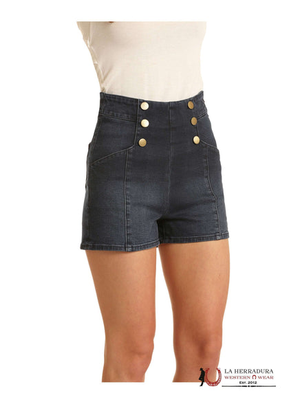 Shorts de mezclilla de cintura alta con estoperoles estilo Rock&Roll para mujer 68H3695