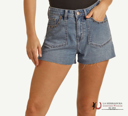 Pantalones cortos de mezclilla de lavado medio Rock&Roll con tachuelas para mujer BW68D04029