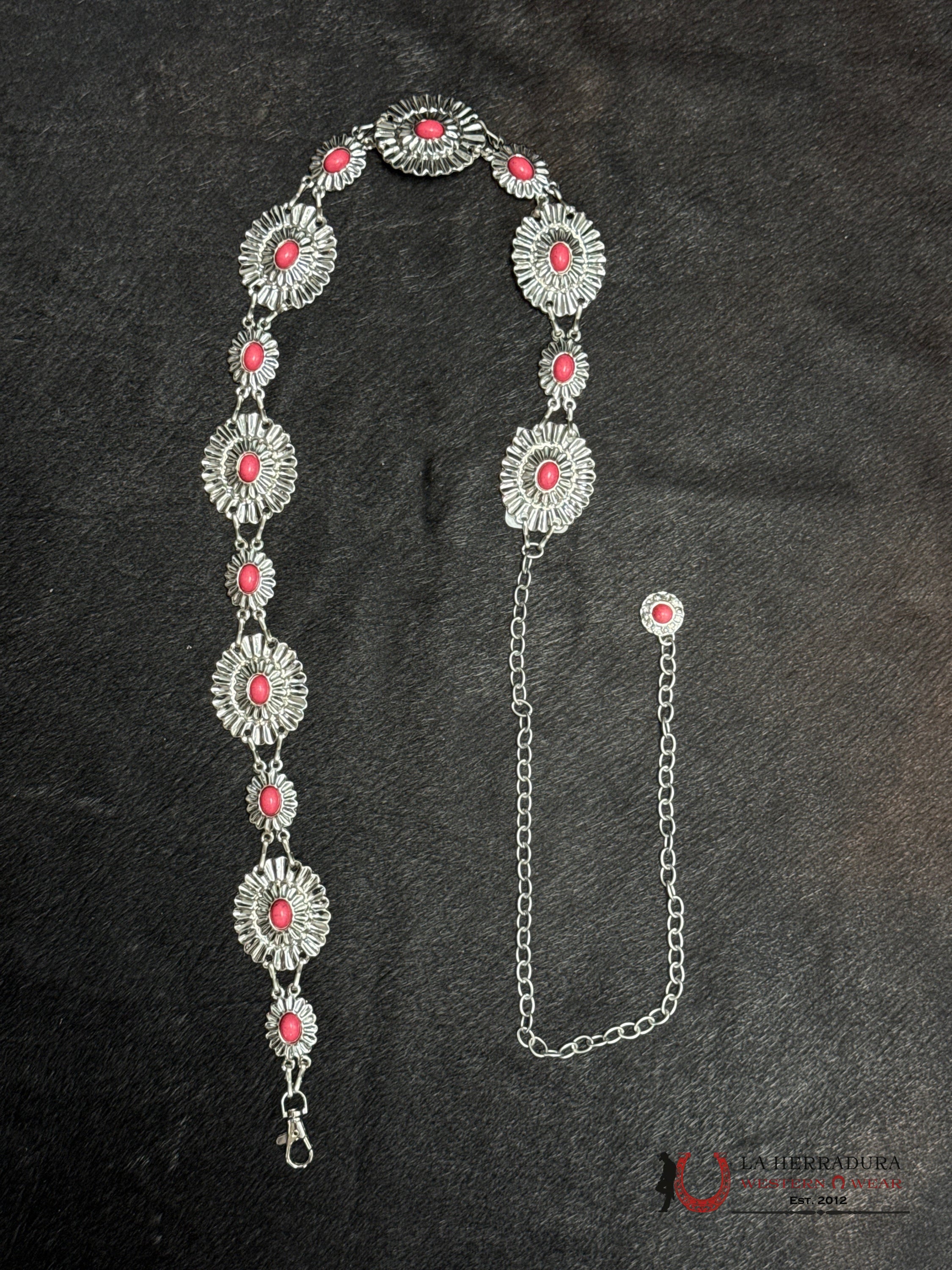 WOMENS ROUND SILVER WITH LIGH PINK STONE CHAIN BELT OSFM CINTURONES MUJERES