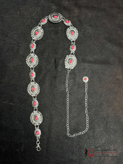 WOMENS ROUND SILVER WITH LIGH PINK STONE CHAIN BELT