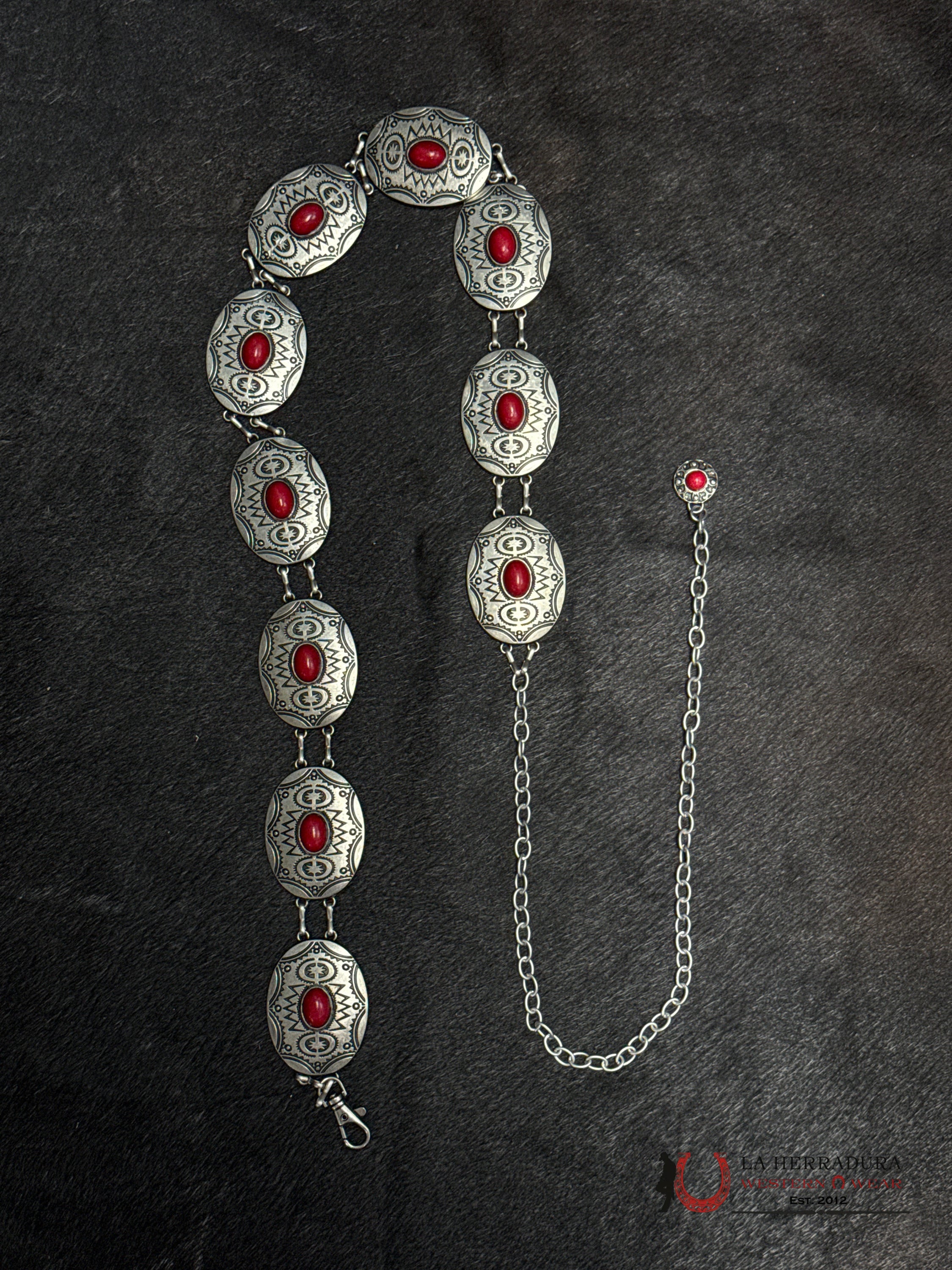 WOMENS ROUND SILVER WITH RED STONE CHAIN BELT OSFM CINTURONES MUJERES