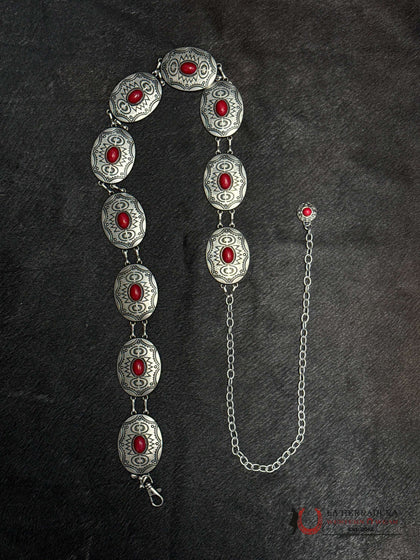 WOMENS ROUND SILVER WITH RED STONE CHAIN BELT