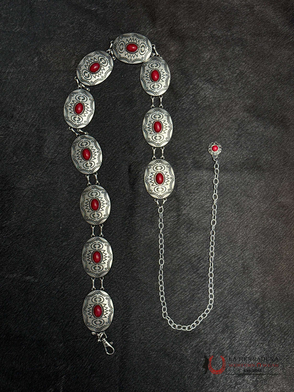 CINTURÓN CADENA PLATEADO REDONDO PARA MUJER CON PIEDRA ROJA