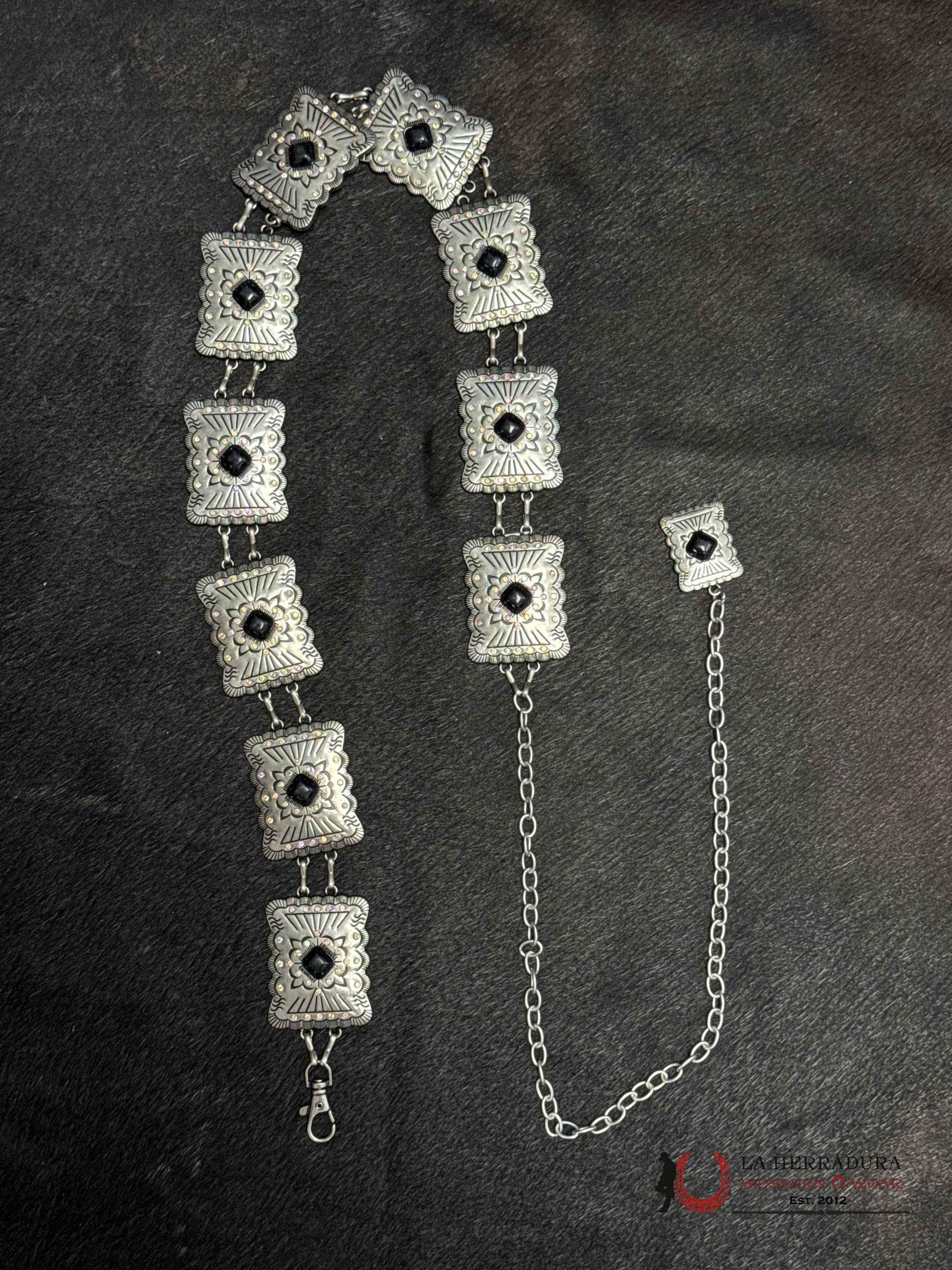 WOMENS SQUARE SILVER BLACK & HOLOGRAPHIC CRYSTALS CHAIN BELT OSFM CINTURONES MUJERES