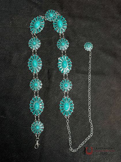 WOMENS TURQUOISE STONE CHAIN BELT WITH FLOWER DESIGN