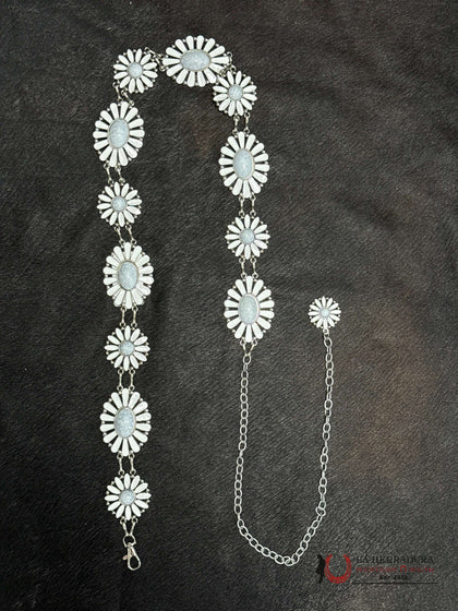 WOMENS WHITE STONE CHAIN BELT WITH FLOWER DESIGN