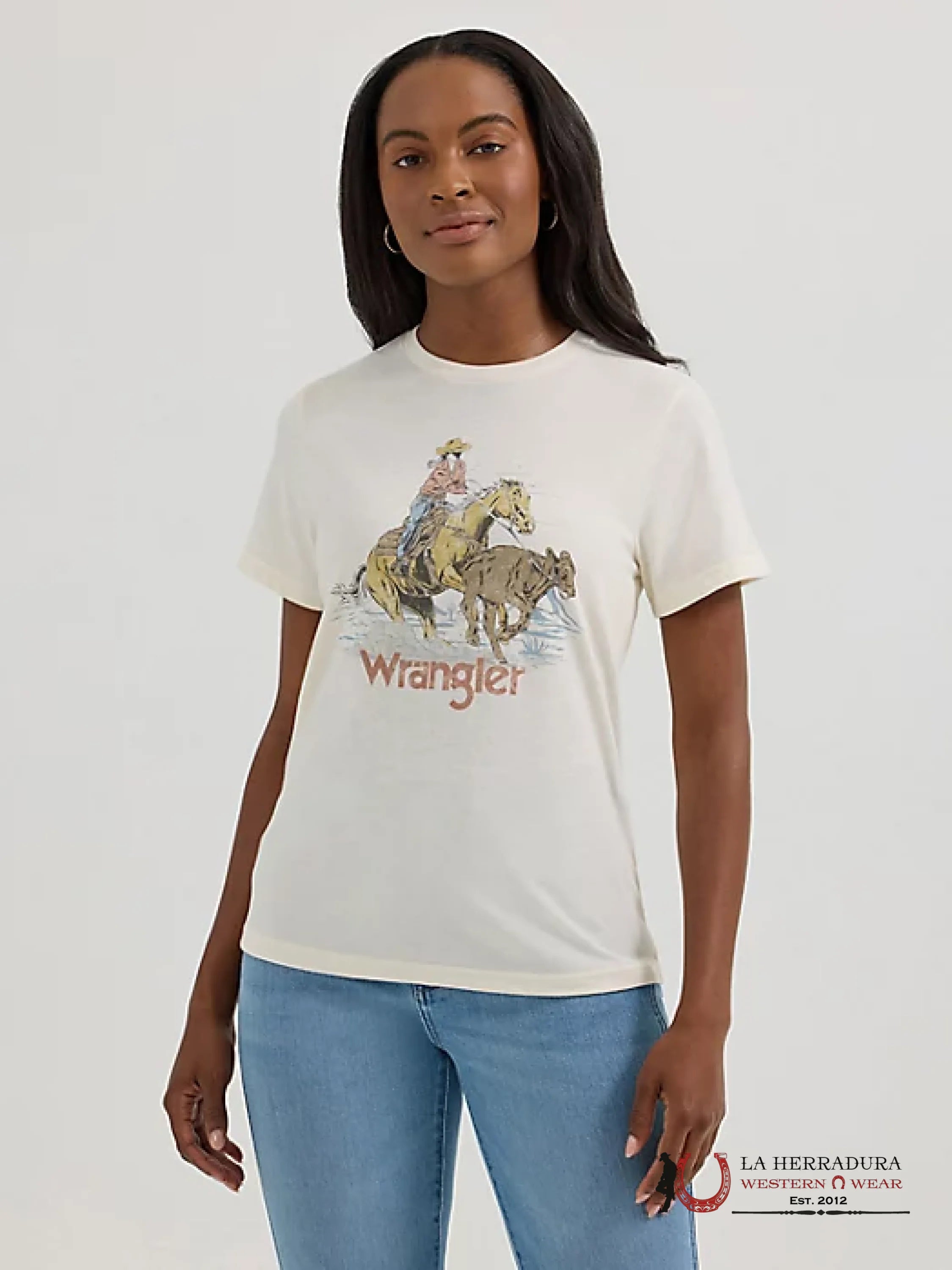 WOMEN’S WRANGLER RETRO GIRLFRIEND T-SHIRT Wrangler White With Cowgirl Short Sleeve Shirt - 1952 ROPA MUJERES