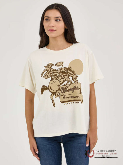 WOMEN'S WRANGLER RETRO GIRLFRIEND T-SHIRT TAN BRONC RIDER ESTABLISHED 1947 112361893
