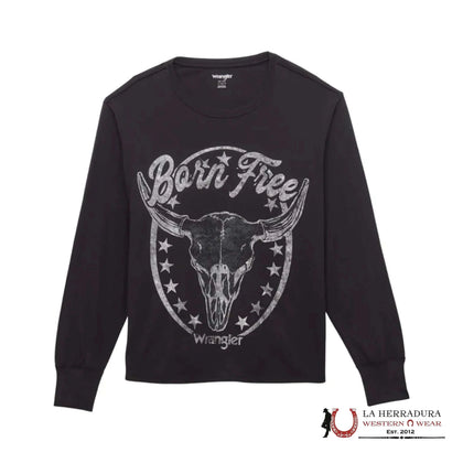 WOMEN'S WRANGLER RETRO LING SLEEVE BLACK BIG LONG HORN SKULL 112354410