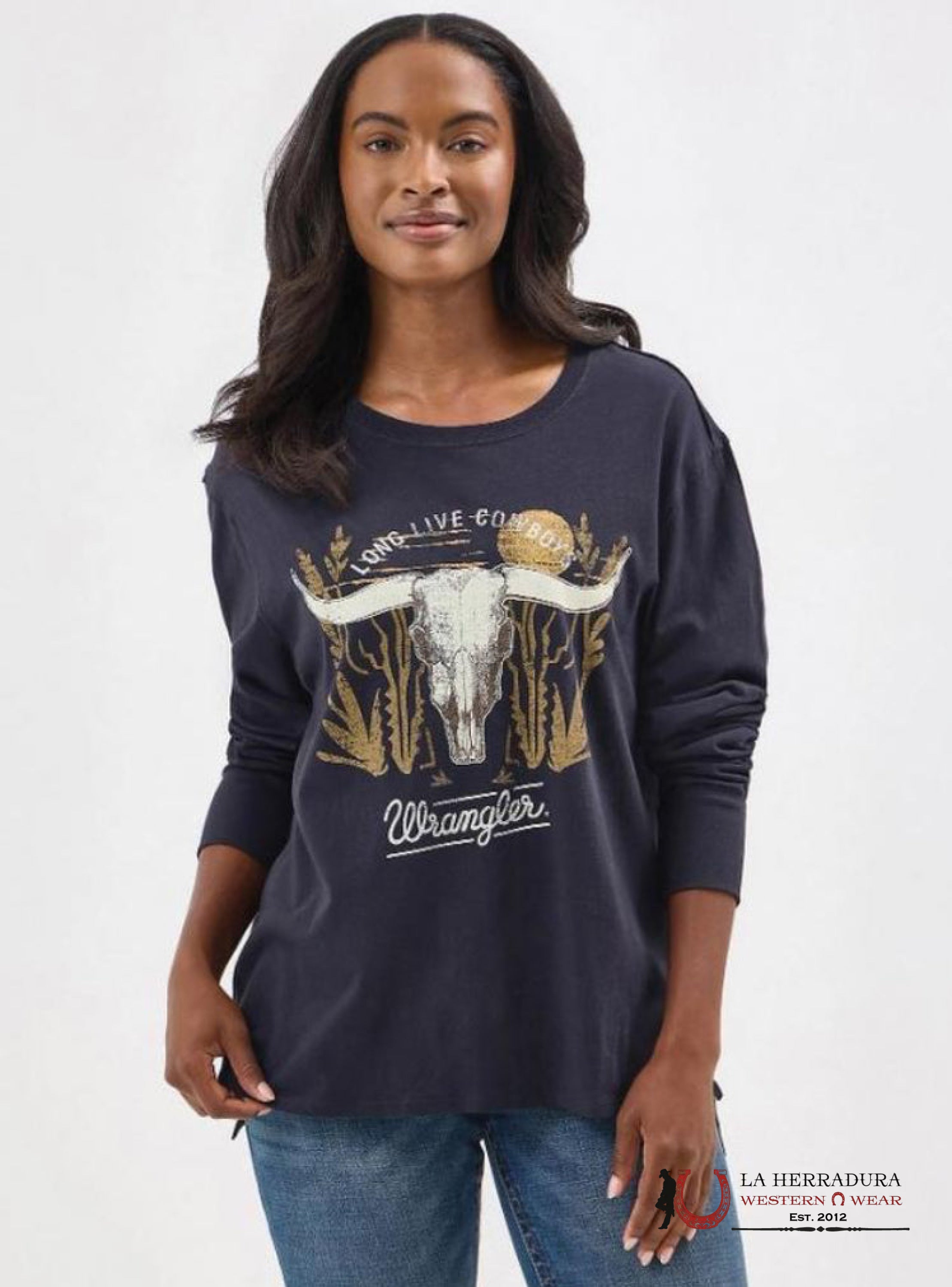 WOMEN’S WRANGLER RETRO LING SLEEVE SHIRT BLACK TAN LONGHORN SKULL 112350119 ROPA MUJERES