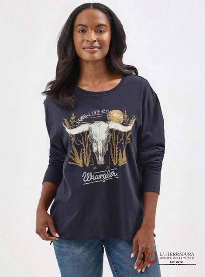 WOMEN'S WRANGLER RETRO LING SLEEVE SHIRT BLACK TAN LONGHORN SKULL 112350119