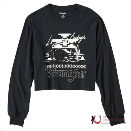 WOMEN'S WRANGLER RETRO LING SLEEVE SHIRT CROP TOP BLACK LING LUVE COWBOYS WESTERN 112321702