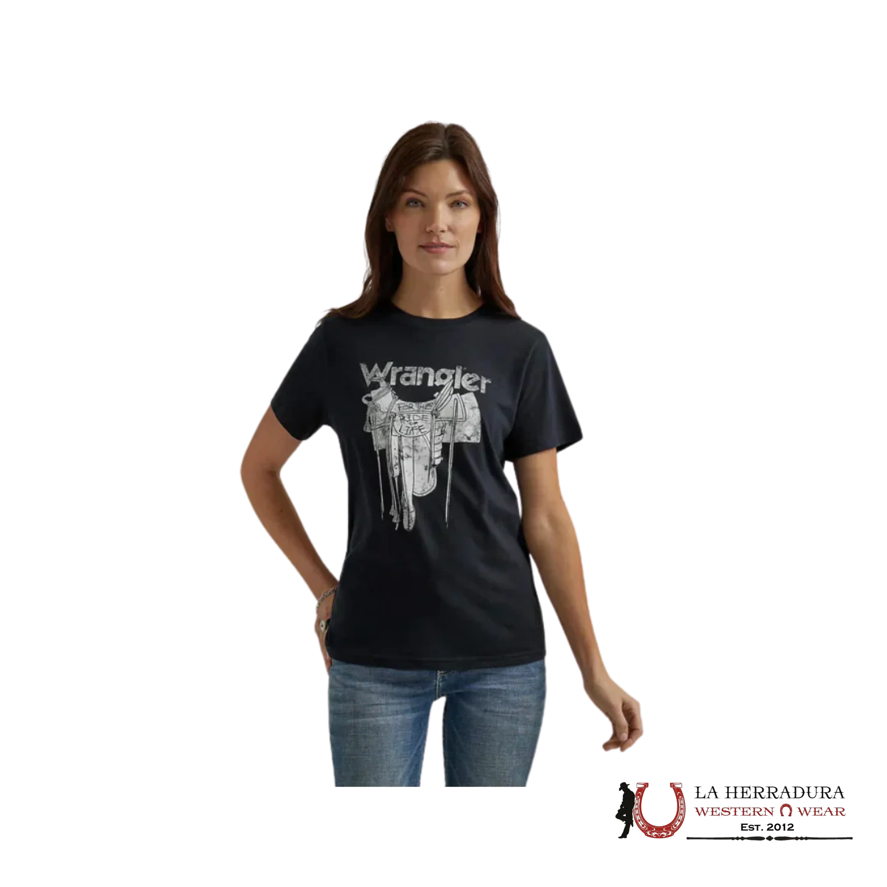 WOMEN’S WRANGLER RETRO T-SHIRT BLACK WHITE SADDLE FOR THE RIDE OR LIFE 112344186 ROPA MUJERES