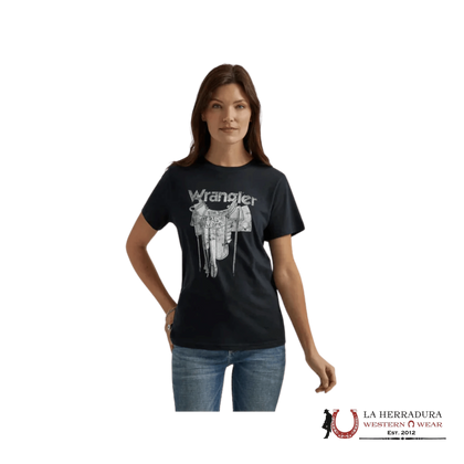 WOMEN'S WRANGLER RETRO    T-SHIRT BLACK WHITE SADDLE FOR THE RIDE OR LIFE 112344186