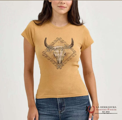 WOMEN'S WRANGLER RETRO    T-SHIRT KAHKI DIMOND LONG HORN SKULL 112365794