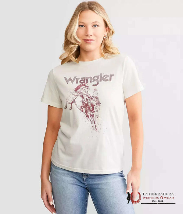 CAMISETA RETRO WRANGLER PARA MUJER BLANCA CON JINETE DE BRONCO ROJO 112344166