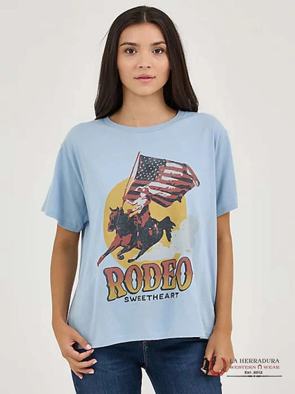 WOMEN'S WRANGLER WESTERN GRAPHIC GIRLFRIEND TEE BLUE FOG SHIRT 112361926