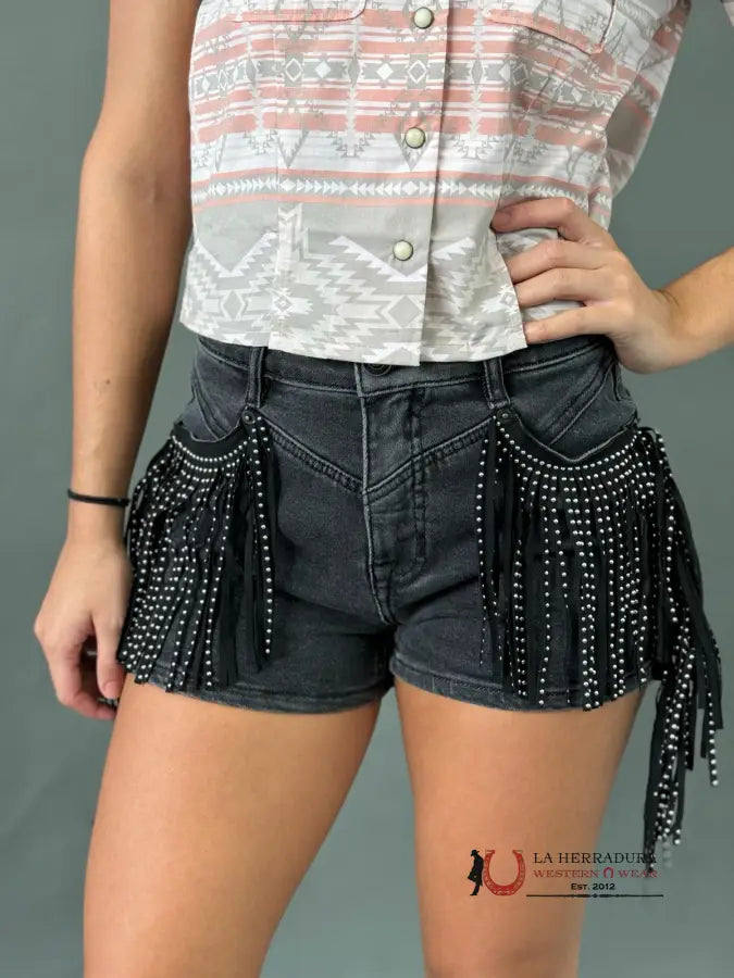 Womens’s Rock&Roll Black Embellished Fringe Shorts Ropa Mujeres