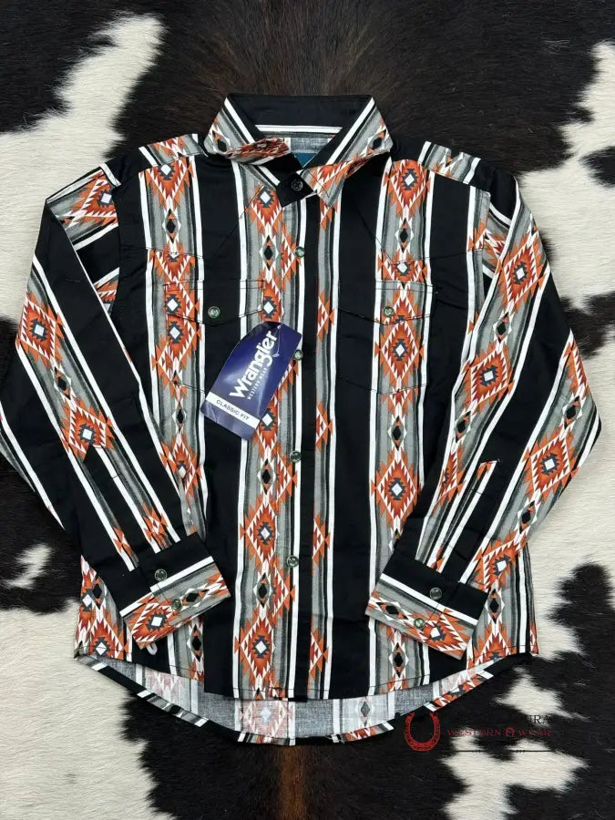 Wrangler Black Orange Aztec Long Sleeve Snap Niños